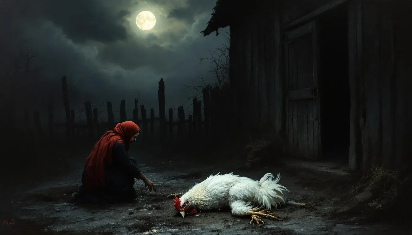 Illustration of the Dvorovoy shapeshifting between forms — part human, part animal — in the moonlit courtyard of a Slavic farmstead