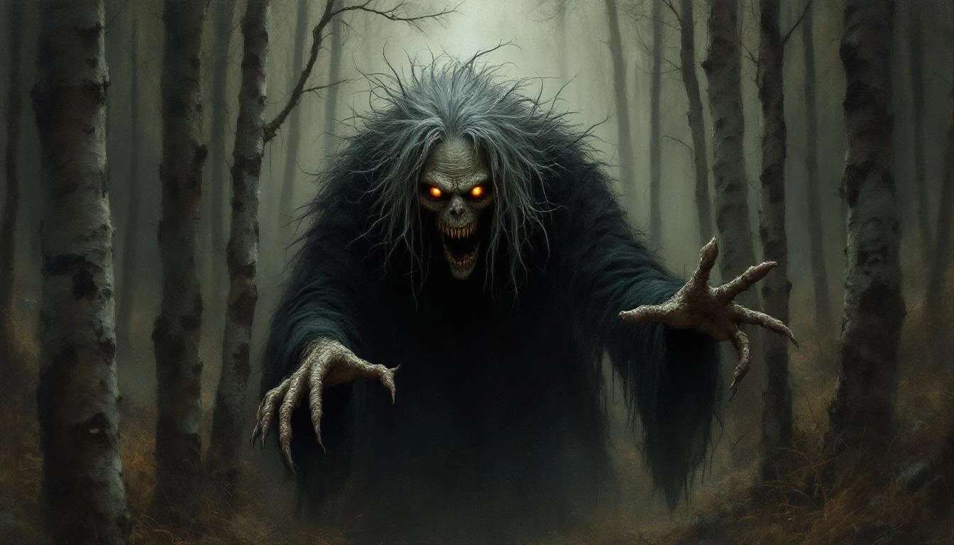 A dark, ancient woman with wild hair emerging from shadows in a misty forest
