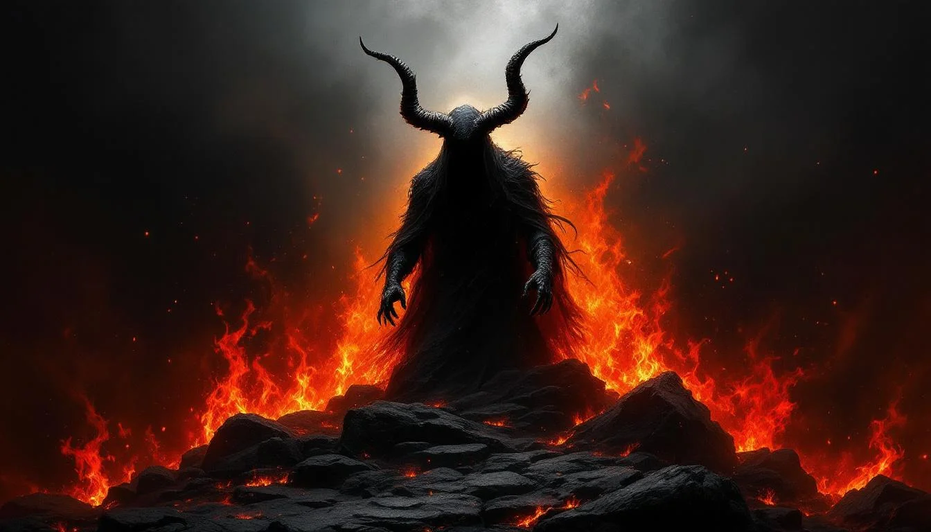 A dark demonic figure with horns silhouetted against flames