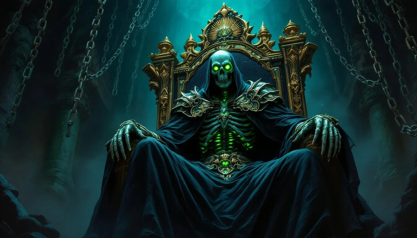 A skeletal immortal king sitting on a dark throne surrounded by gold and chains