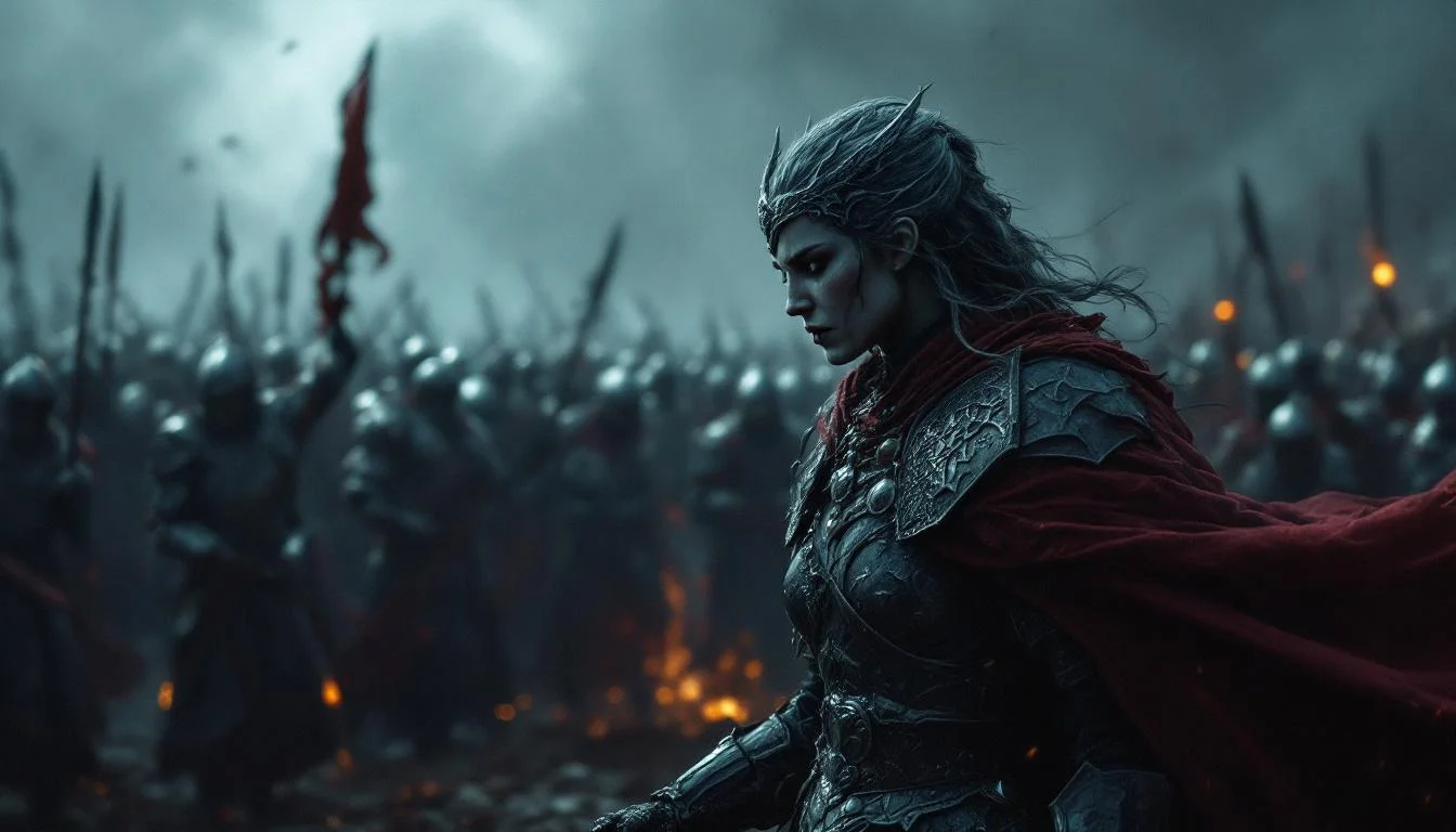 A warrior queen in armor riding through a battlefield strewn with fallen soldiers