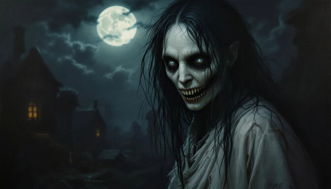 A monstrous creature with glowing eyes emerging from darkness