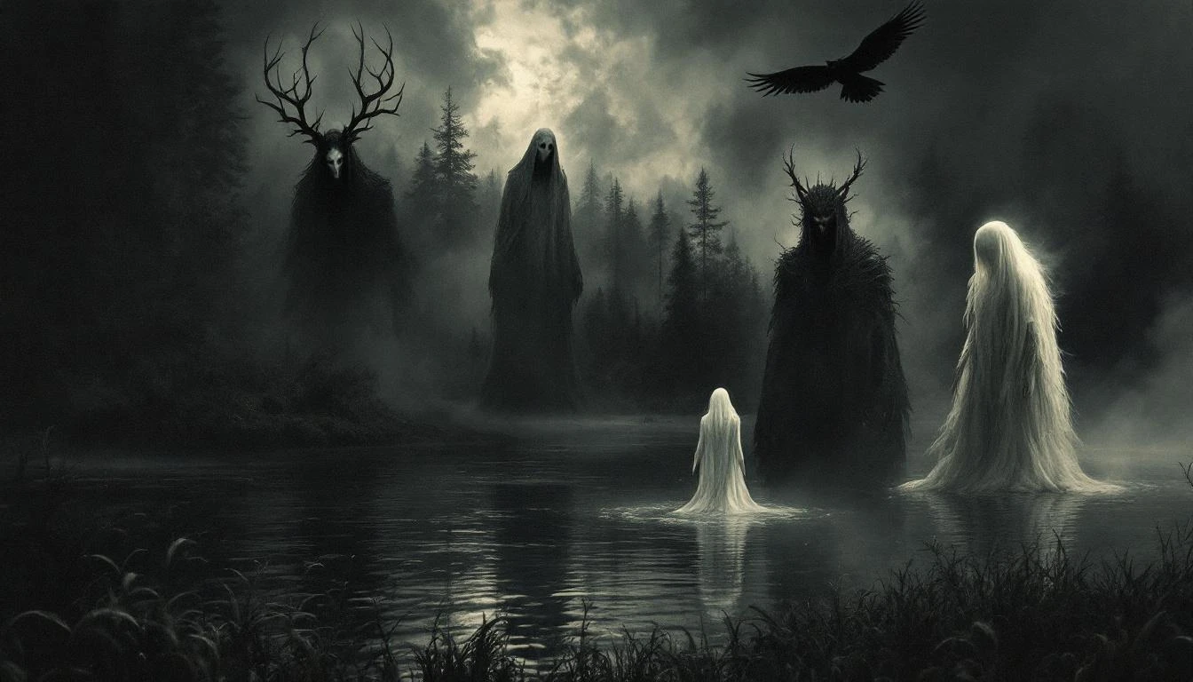 Dark forest scene with silhouettes of mythological creatures from Slavic folklore